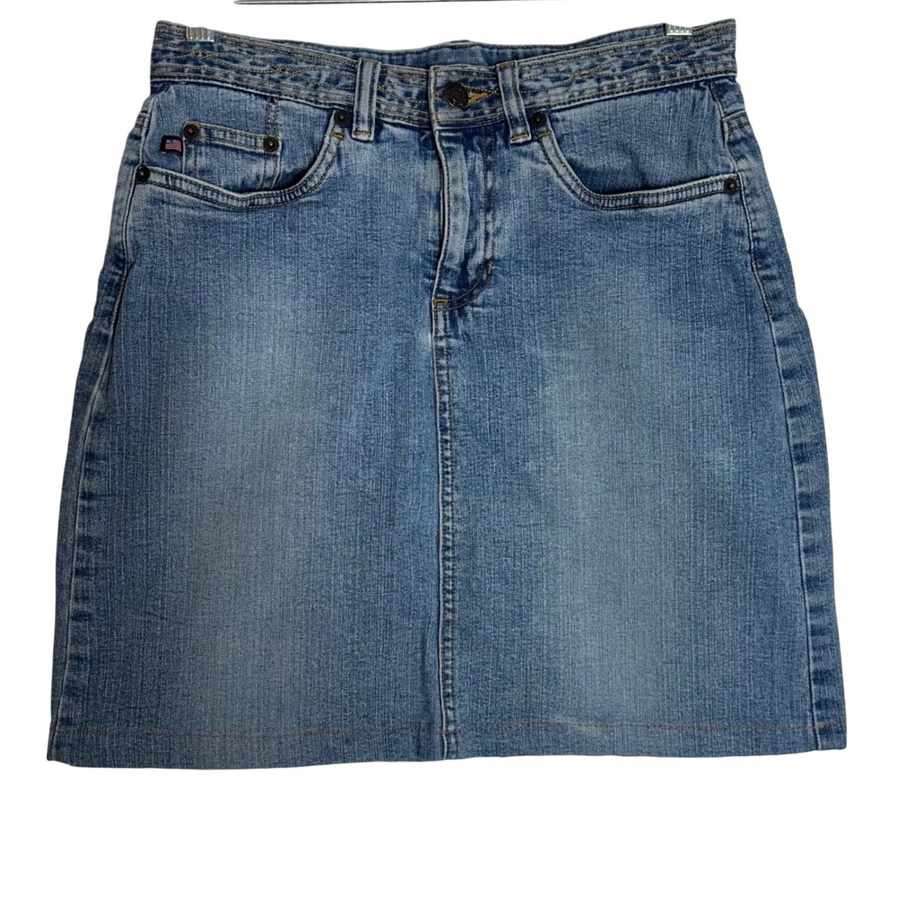 Polo Jeans Ralph Lauren Denim Mini Skirt Medium Wash Embroidered Waist Womens 4